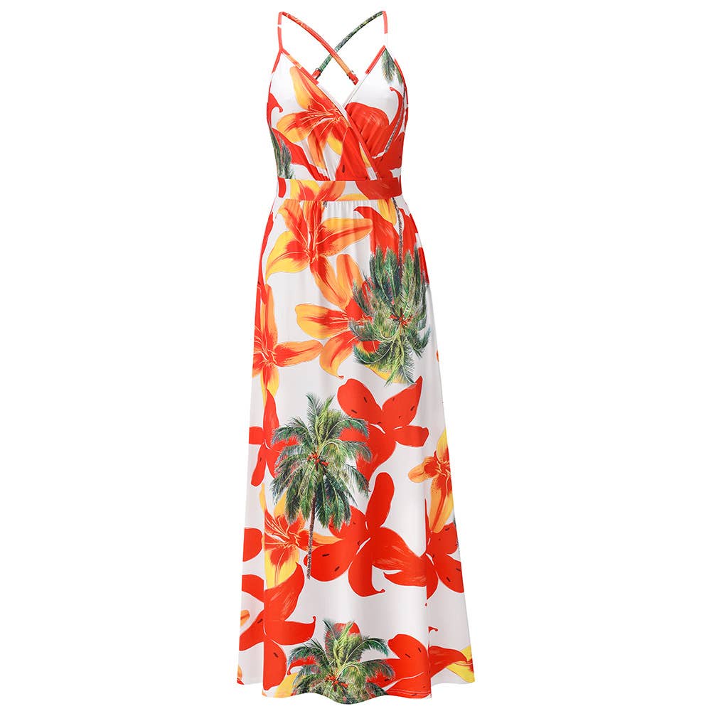 Bohemian Floral Print Spaghetti Strap Long Dress