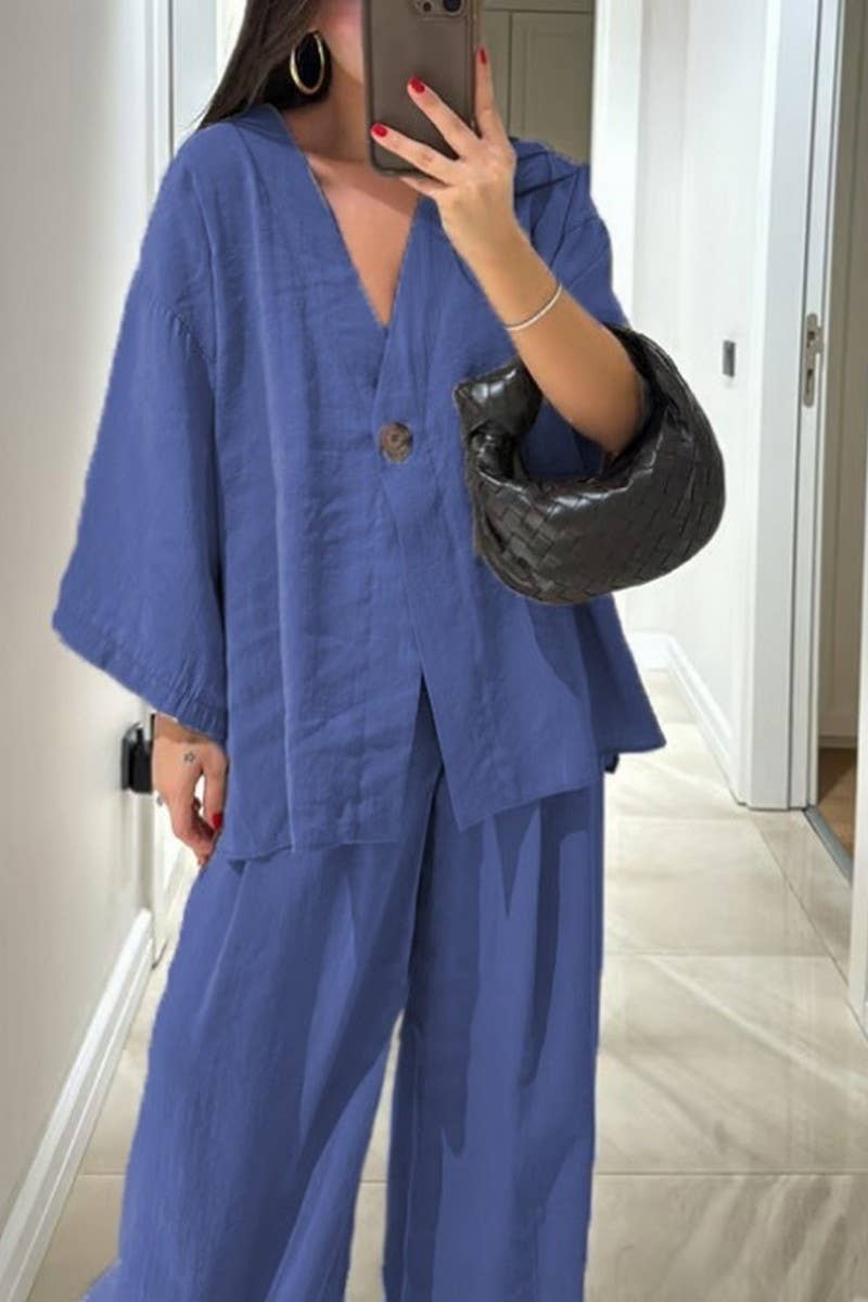 CWSS01311_V-NECK LOOSE TOP AND WIDE-LEG PANTS CASUAL SUIT