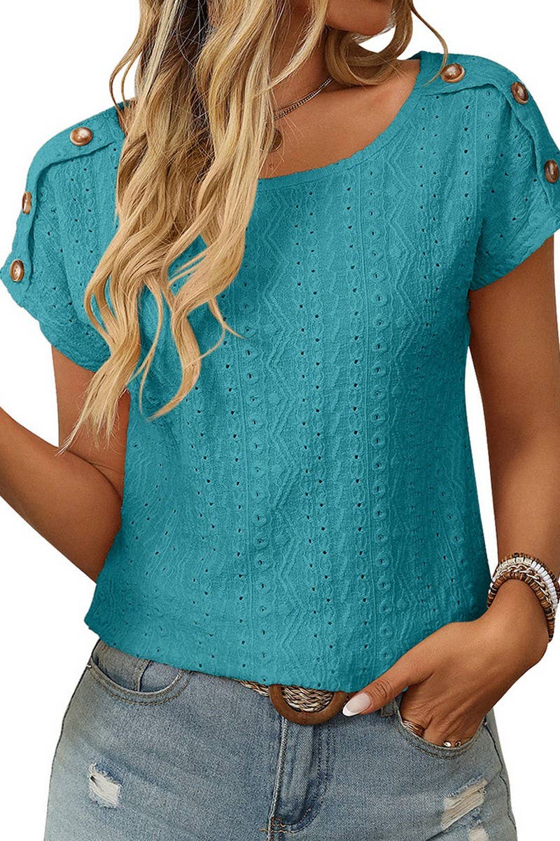 CWTBLS1709_ROUND NECK BUTTON SHORT SLEEVE CUTOUT TOP