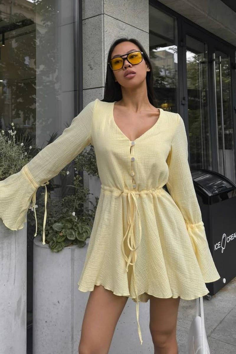 CWSJS1246_DRAWSTRING TRUMPET SLEEVES V-NECK JUMPSUIT