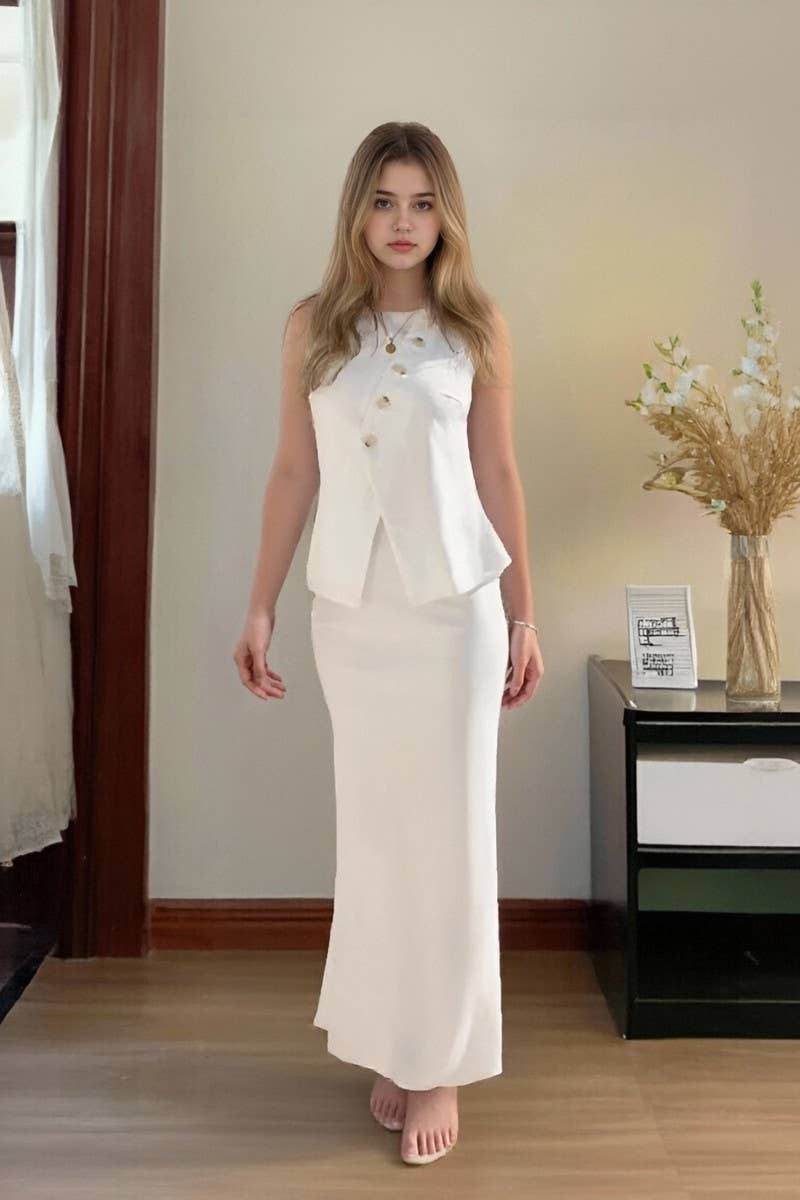 CWSTB2126_SOLID ROUND NECK TOP & ELEGANT SKIRT SET