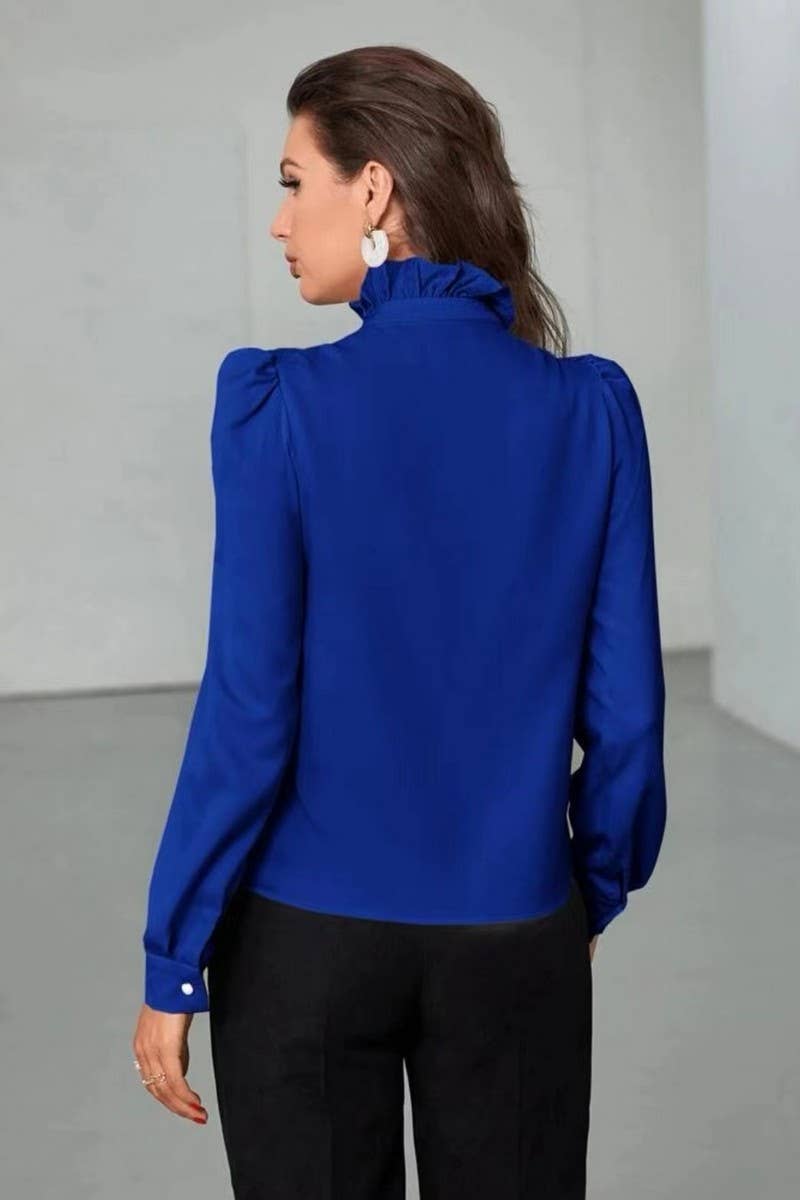 CWTBLS2041_SOLID COLOR RUFFLED LONG SLEEVE BLOUSE