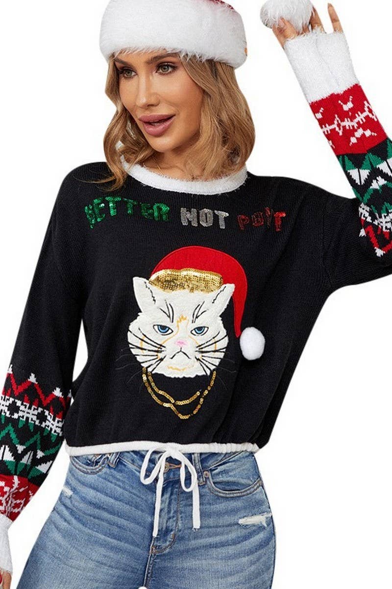 CWOSWL2492_KITTEN EMBROIDERED CHRISTMAS CROPPED SWEATER