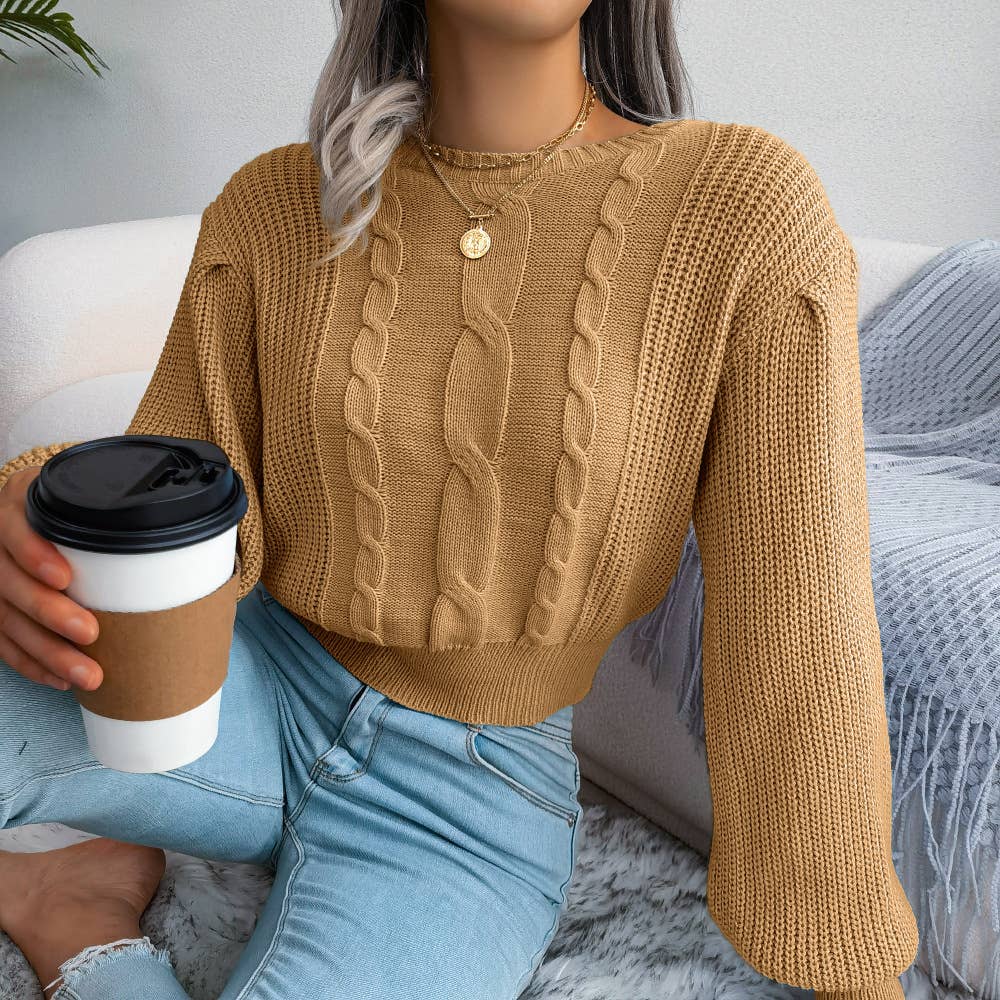 CASUAL TWIST LANTERN SLEEVE WAIST KNIT SWEATER