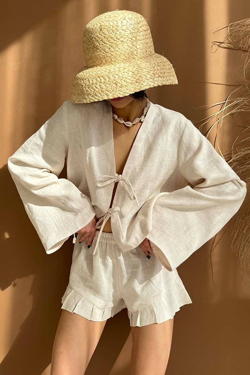 CWSTB1813_COTTON TIE-FRONT CARDIGAN & SHORTS SET