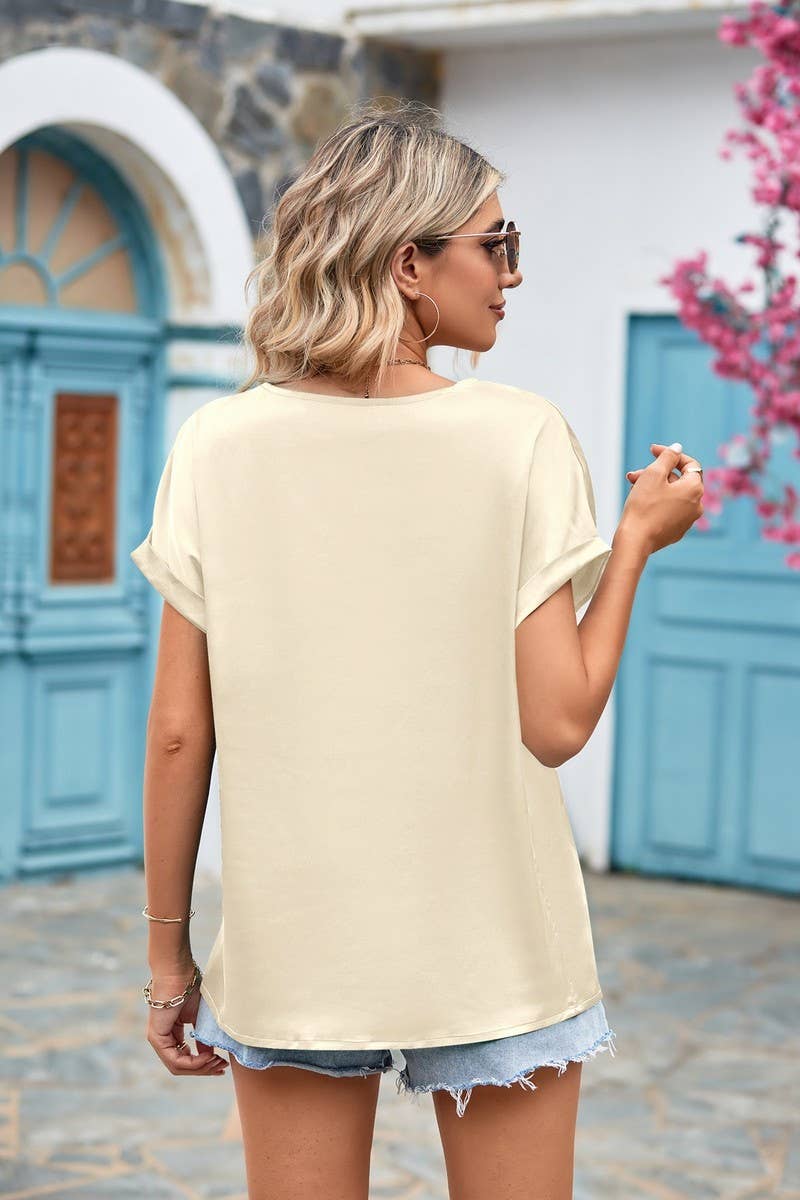 CWTSTS0269_V Neck Lace Trim Detail Short Sleeve Blouse