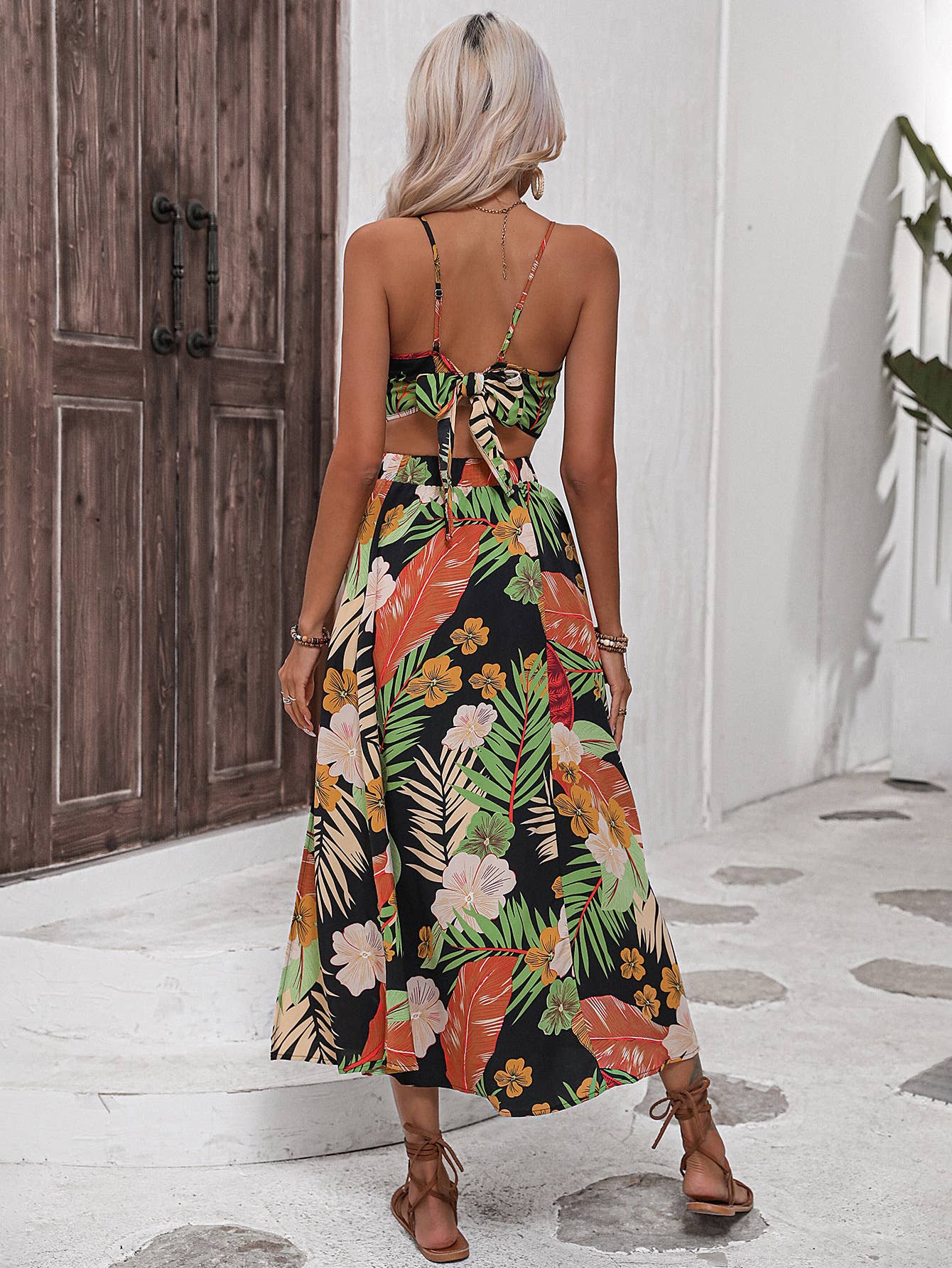 Casual patchwork printed halter dress two-piece