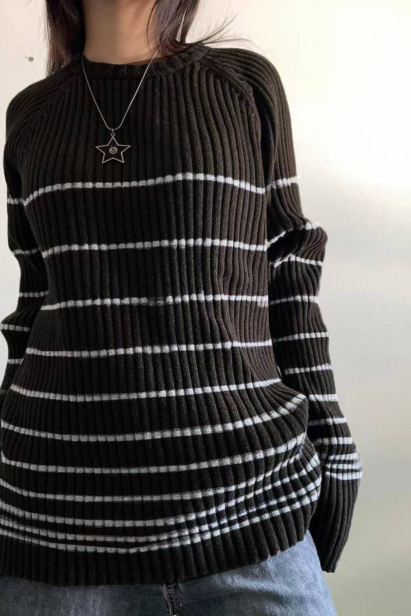 CWOSWL5745_STRIPED LONG-SLEEVED LOOSE CASUAL KNITTED SWEATER