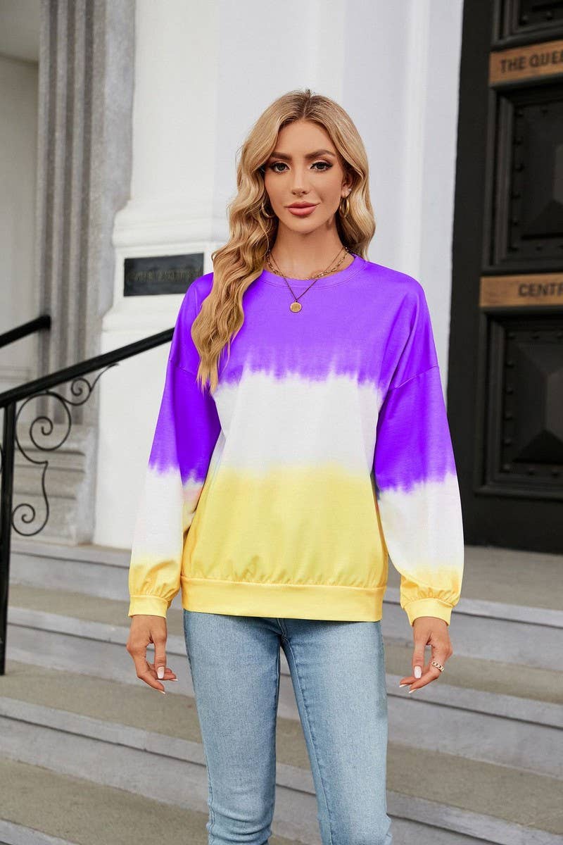 CWTBLL2414_TIE-DYE CONTRAST COLOR CREW NECK LONG SLEEVE TOP