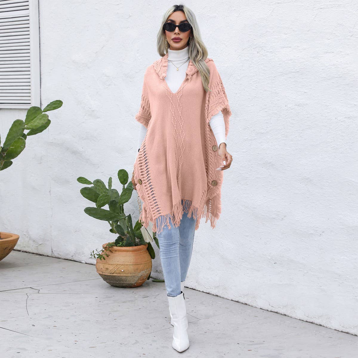 Casual loose V tie hat pullover cape coat