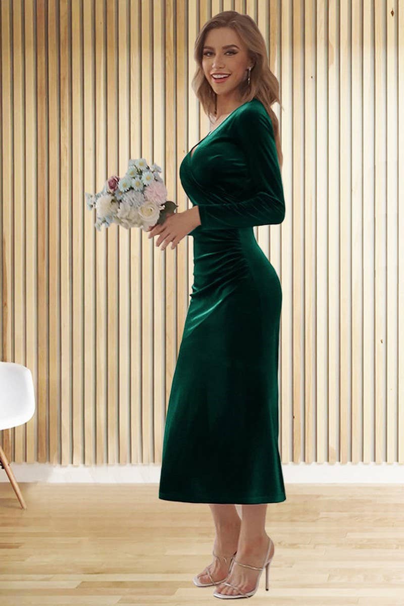 CWDMD3469_V-NECK PLEATED HIP-WRAPPED FISHTAIL EVENING DRESS