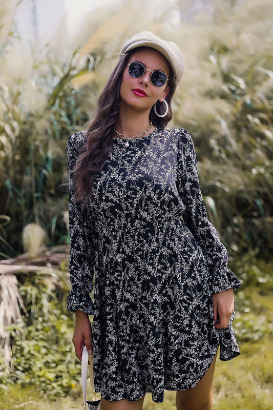 CREW NECK LONG SLEEVE PRINTED WAIST DRESS