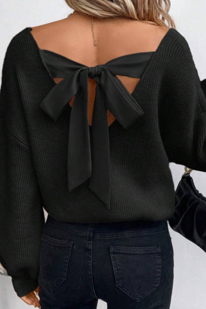 CWOSWL5207_SEXY V-NECK BACK LACE-UP LONG-SLEEVED SWEATER