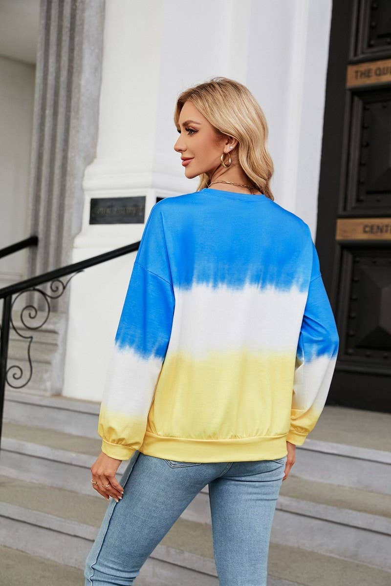 CWTBLL2414_TIE-DYE CONTRAST COLOR CREW NECK LONG SLEEVE TOP