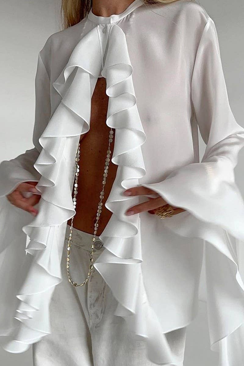 CWTBLL3342_SOLID COLOR RUFFLED LONG SLEEVE SHIRT TOP