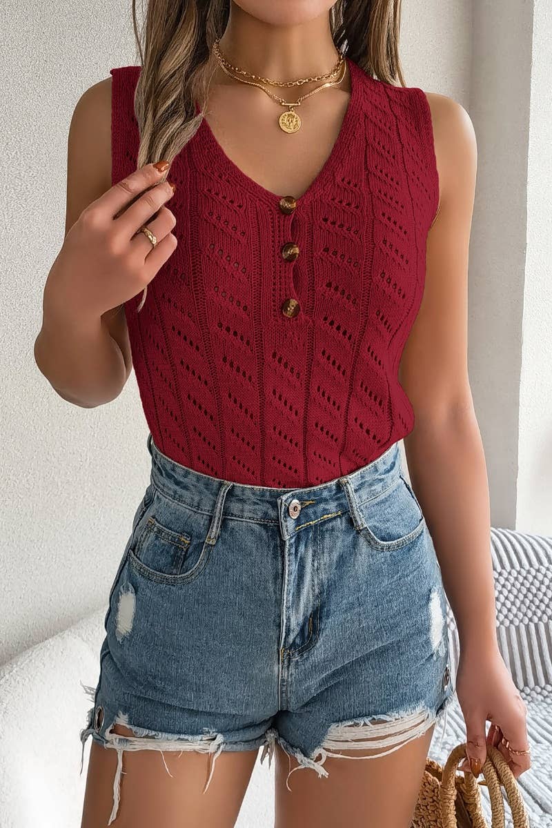 CWOV0293_KNIT BUTTON V-NECK HOLLOWED OUT SLEEVELESS TOP