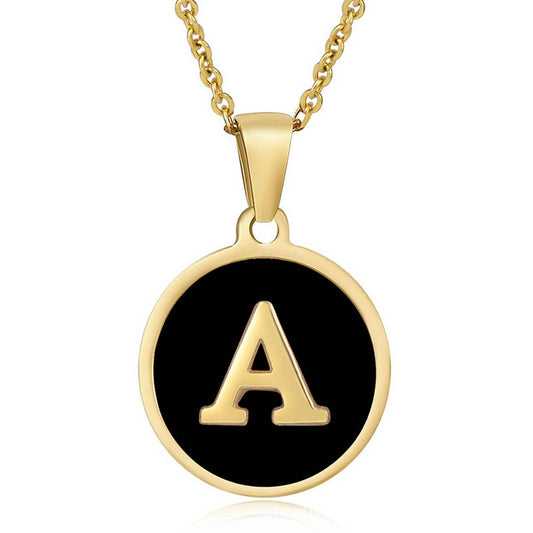 CWAJE1935_Round Stainless Steel Black Shell Letter Necklace
