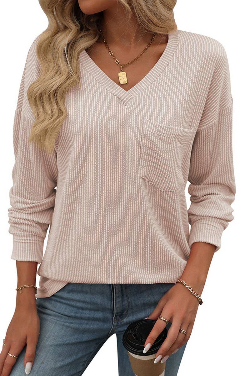 CWTBLL1506_V-NECK COLORBLOCK TWIST LONG-SLEEVED T-SHIRT