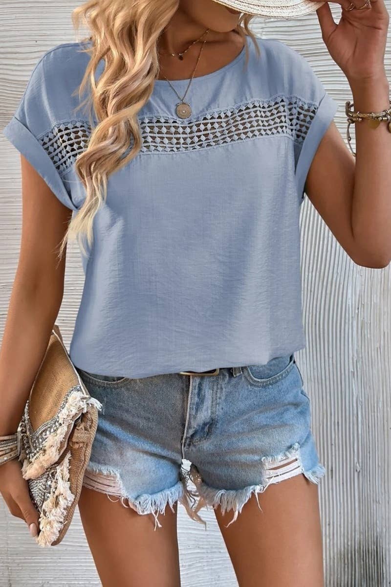 CWOV0347_CASUAL PATCHWORK LACE CUTOUT SHORT SLEEVE TOP