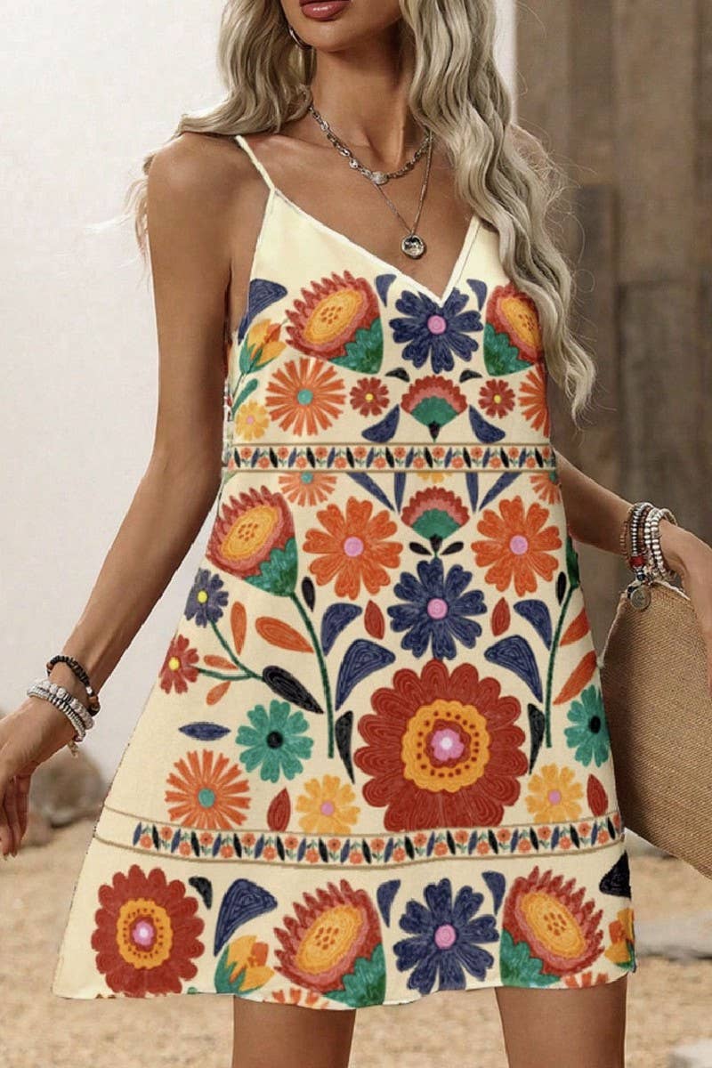 CWDSD10504_V-NECK PRINTED SUSPENDER SLEEVELESS DRESS
