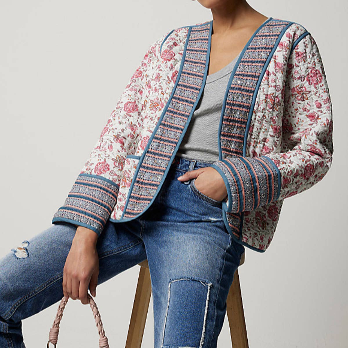 V-NECK CARDIGAN COLORBLOCK PRINT QUILTED JACKET