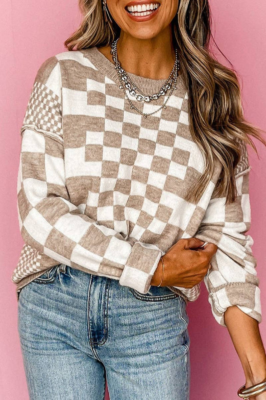 CWOSWL2747_CREW-NECK LONG-SLEEVED PLAID SWEATER TOP