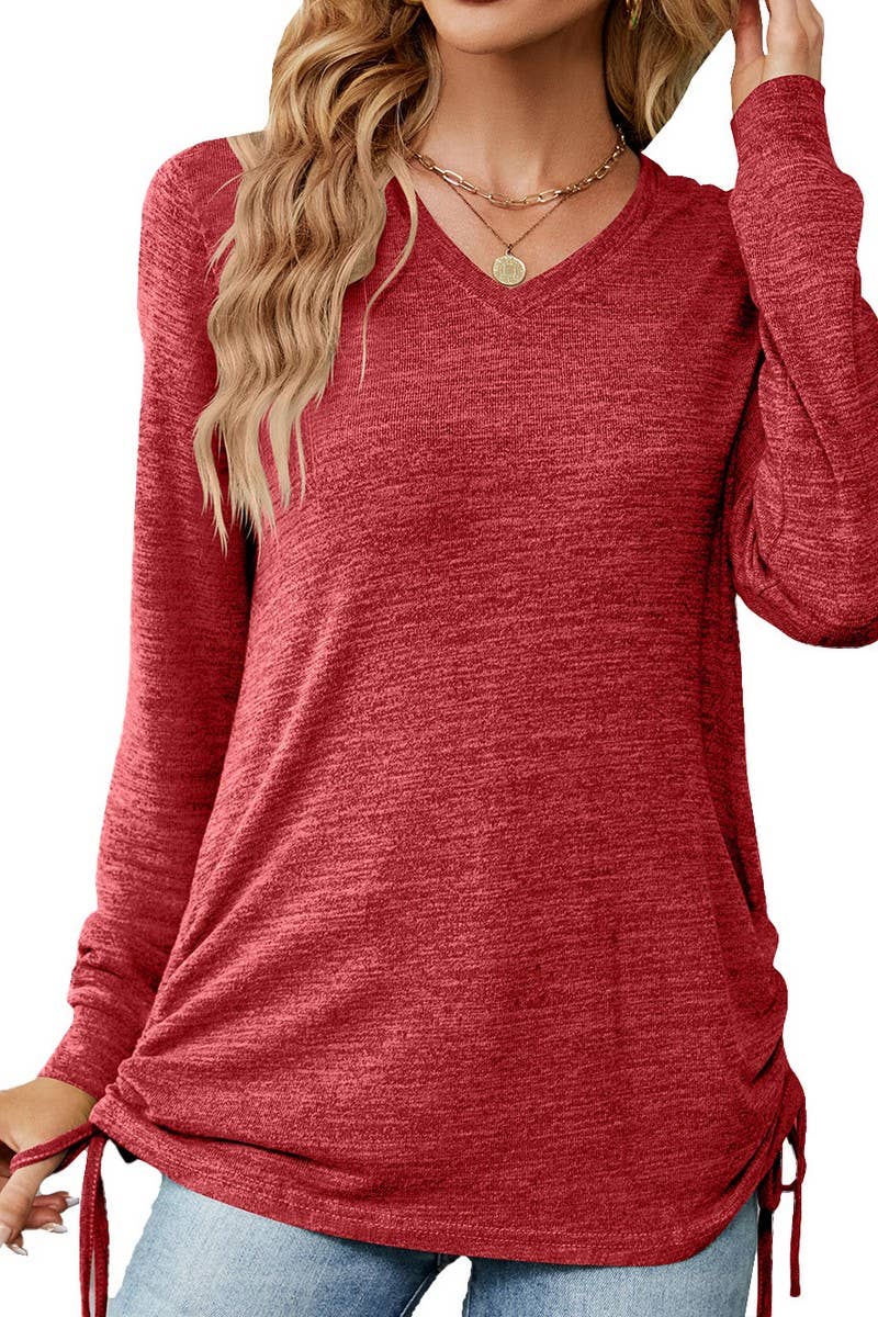 CWTBLL3662_WOMEN'S V-NECK PLEATED LONG SLEEVED LOOSE T-SHIRT