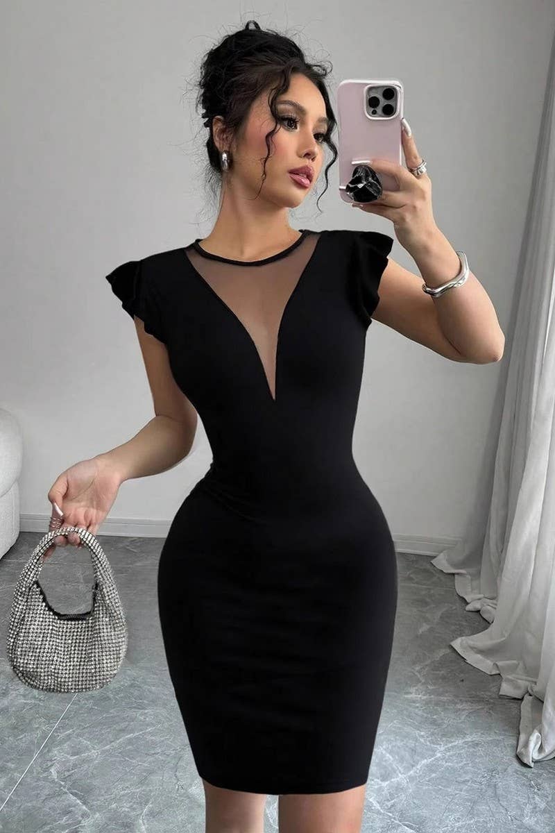 CWDSD8215_SOLID COLOR ROUND NECK ELEGANT SLIM FIT DRESS