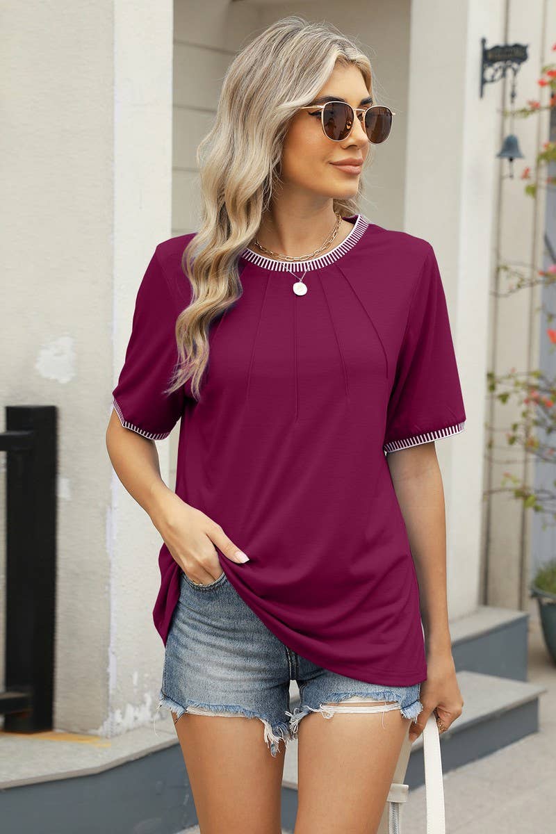 CWTBLS1699_LOOSE RIBBED ROUND NECK SHORT-SLEEVED T-SHIRT