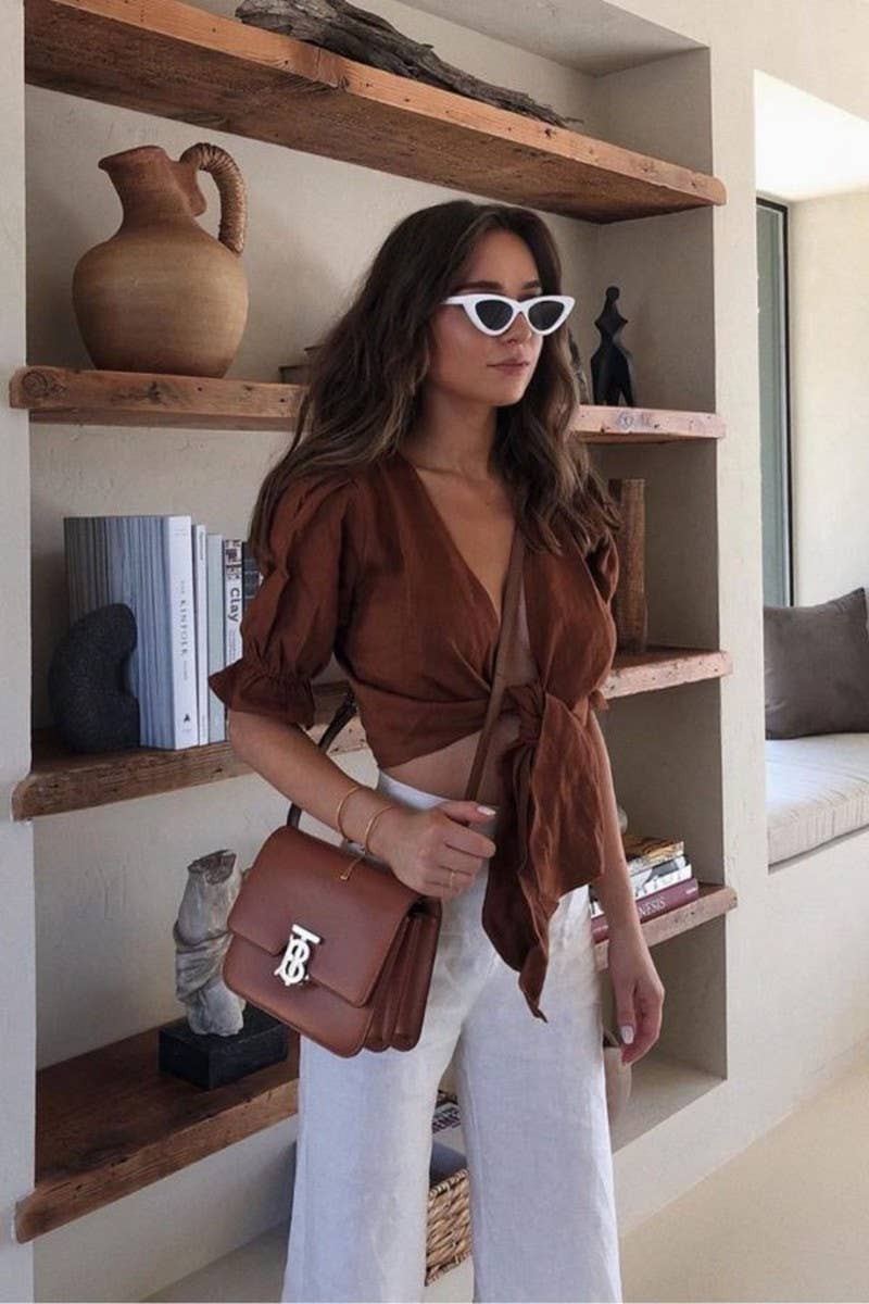 CWTBLS2349_SOLID COLOR LACE-UP CARDIGAN CROPPED TOP SHIRT