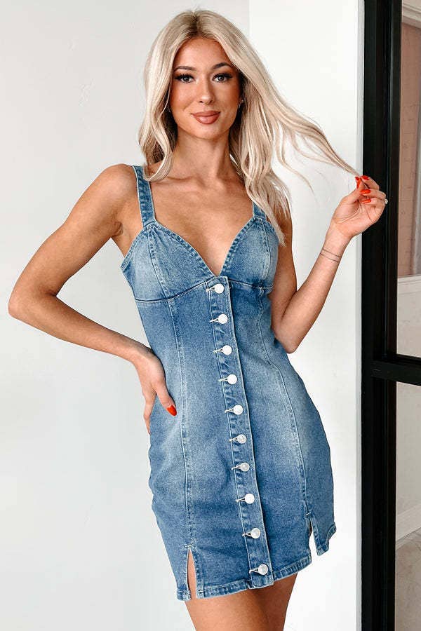 Button-down denim dress with deep V neck