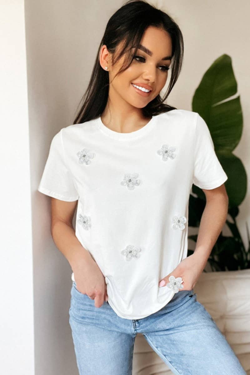 CWTBLS1328_SUMMER CREW NECK SHORT SLEEVE FLOWER TOP