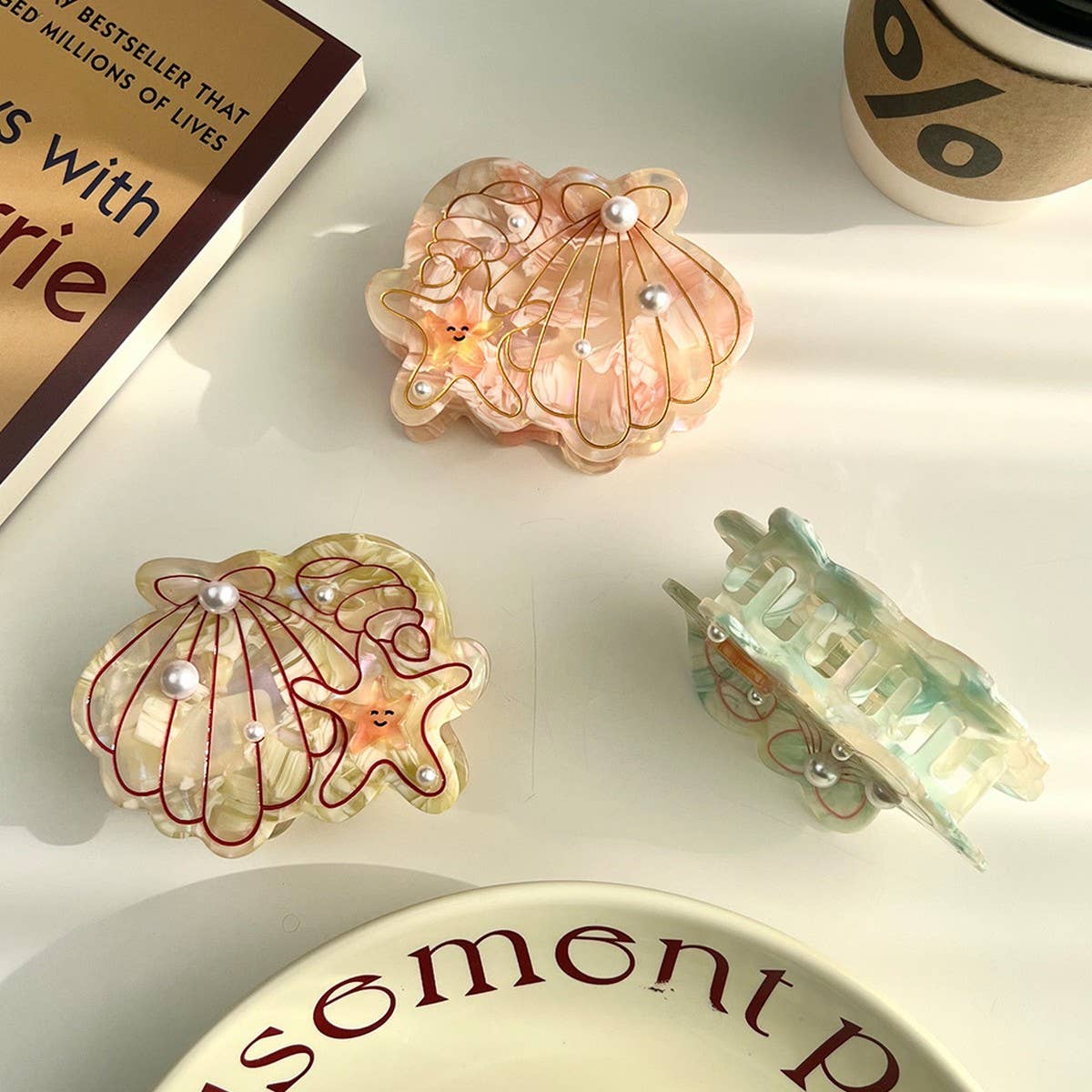 Ocean Shell & Starfish Hair Claw, Pearl Shark Clip_CWAHA5898