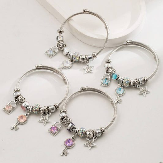 Lock & Key Charm Adjustable Steel Bracelet