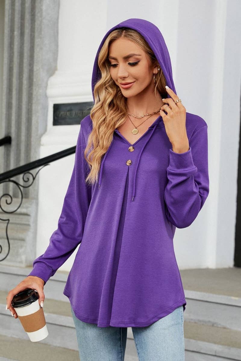 CWTBLL2682_SOLID COLOR DRAWSTRING LONG-SLEEVED HOODED TOP