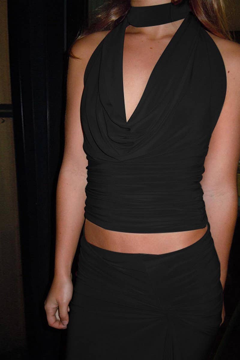 CWSS1111_ELEGANT HALTER MESH TOP AND SKIRT SET