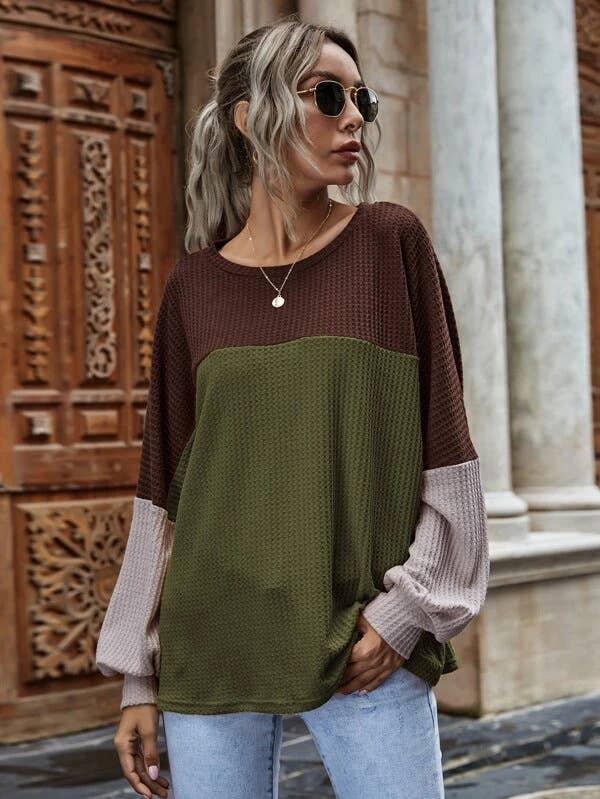 COLOR CONTRAST PATCHWORK LONG-SLEEVED CASUAL TOP