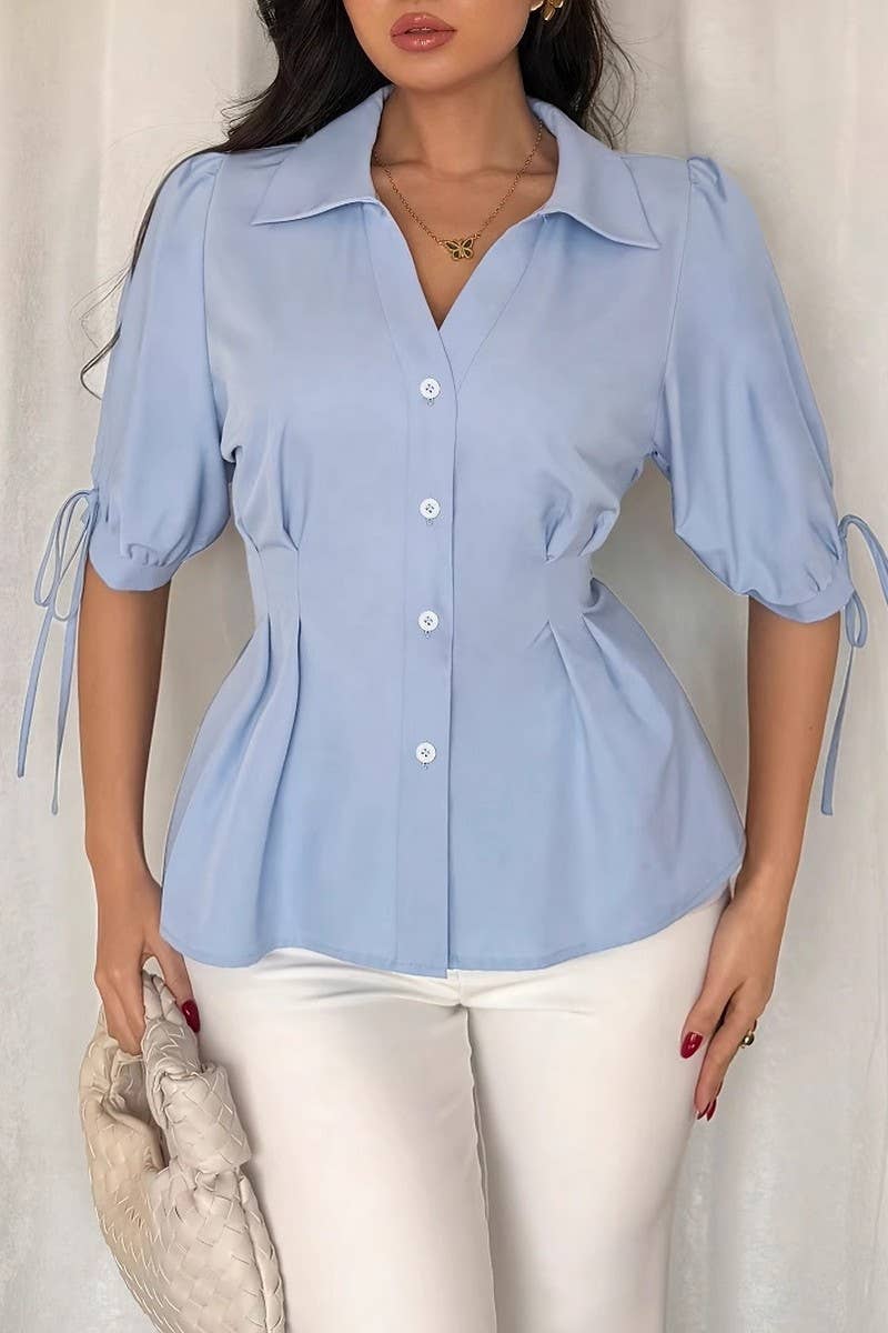 CWTSTS0786_RUCHED WAIST TIE SLEEVE FITTED SHIRT BLOUSE