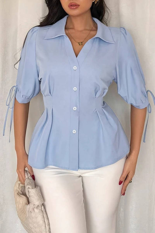 CWTSTS0786_RUCHED WAIST TIE SLEEVE FITTED SHIRT BLOUSE