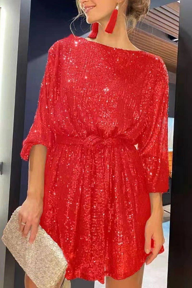 CWDSD7948_CHIC SEQUIN TIE-WAIST CREW NECK MINI DRESS