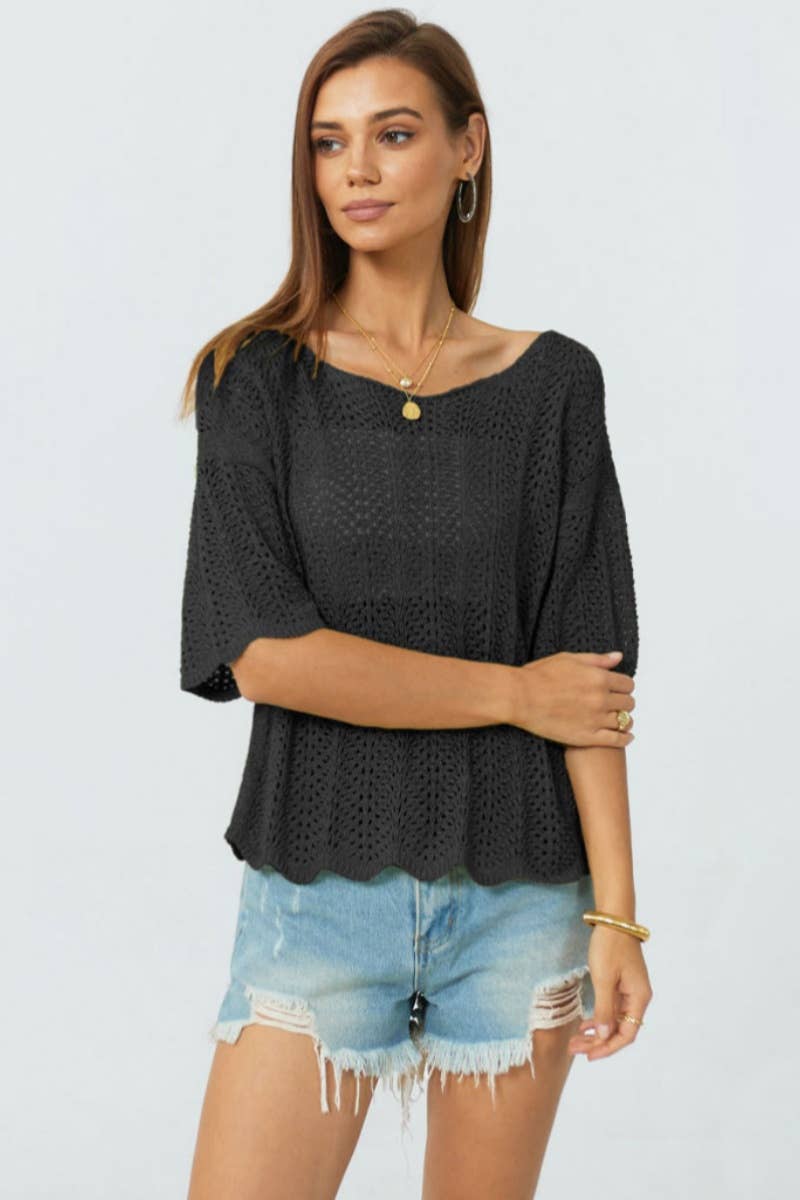 CWTBLS0759_KNITTED CREW NECK HOLLOWED OUT SHORT JACKET