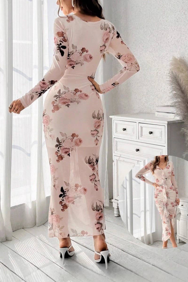 CWDMD01225_MESH V NECK RUCHED SPLIT PENCIL DRESS