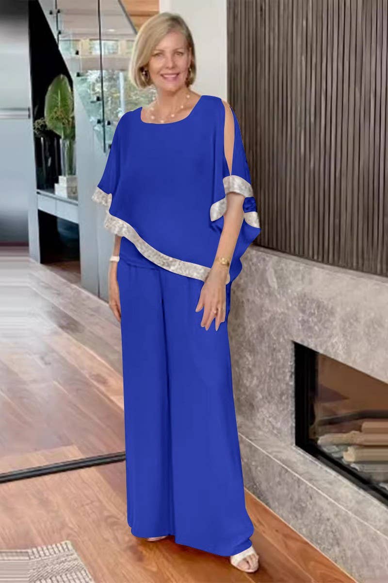 CWSTB1401_ROUND NECK SEQUIN TOP WIDE LEG PANTS SET