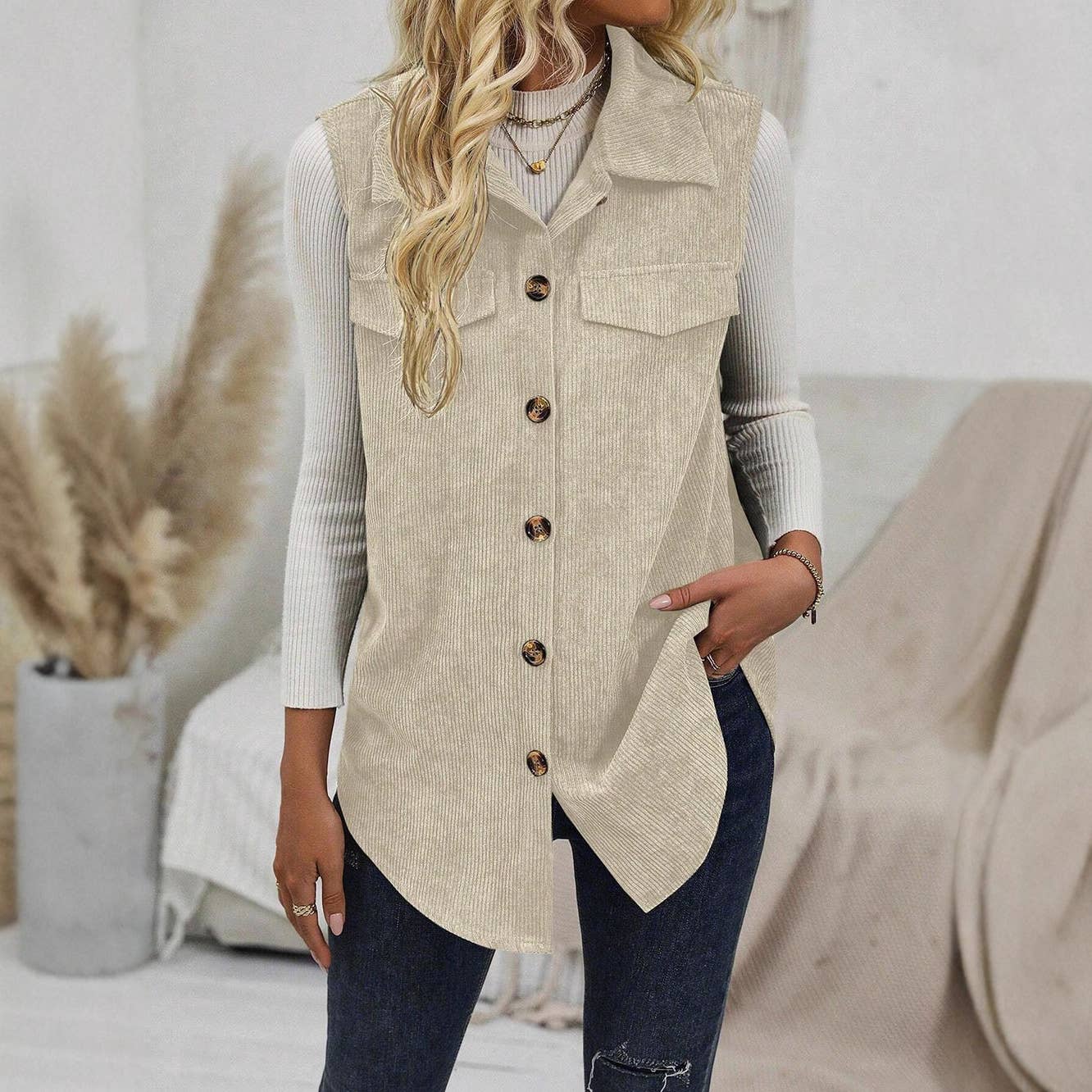 Casual corduroy lapel cardigan
