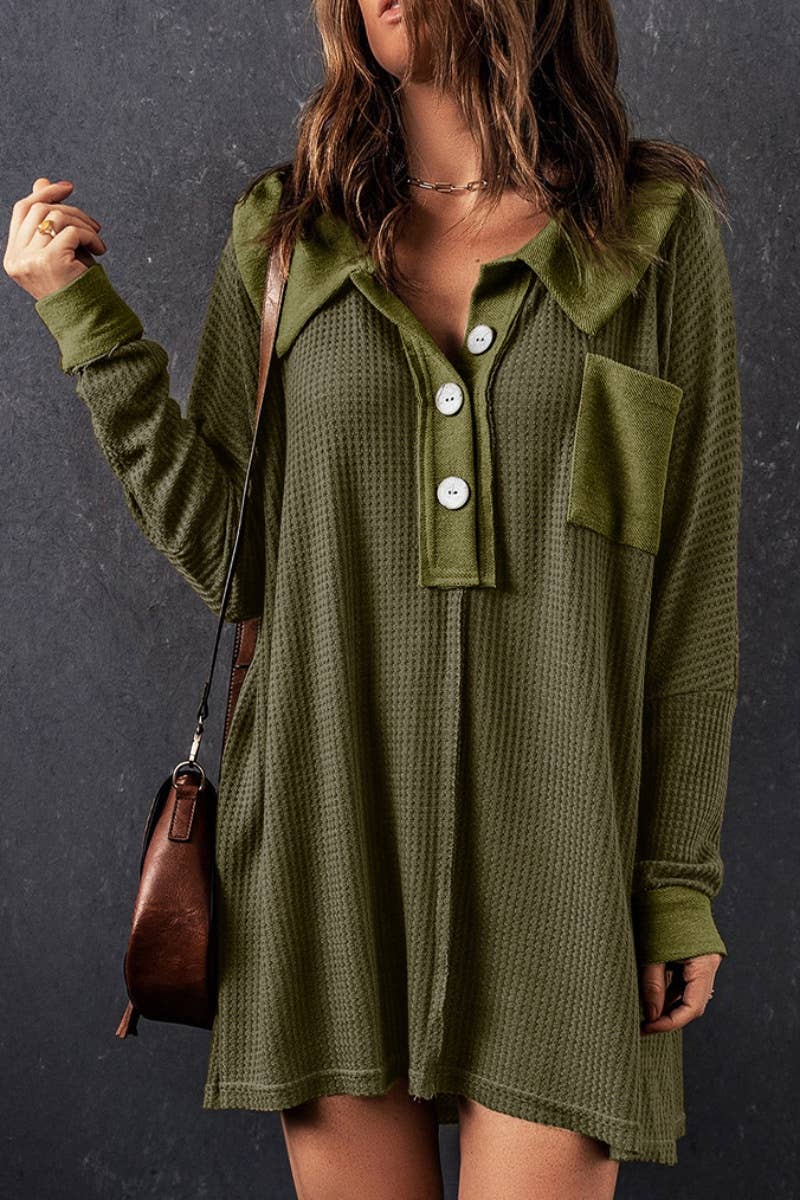 CWOSWL6707_WAFFLE BUTTON POCKET LONG SLEEVE BLOUSE