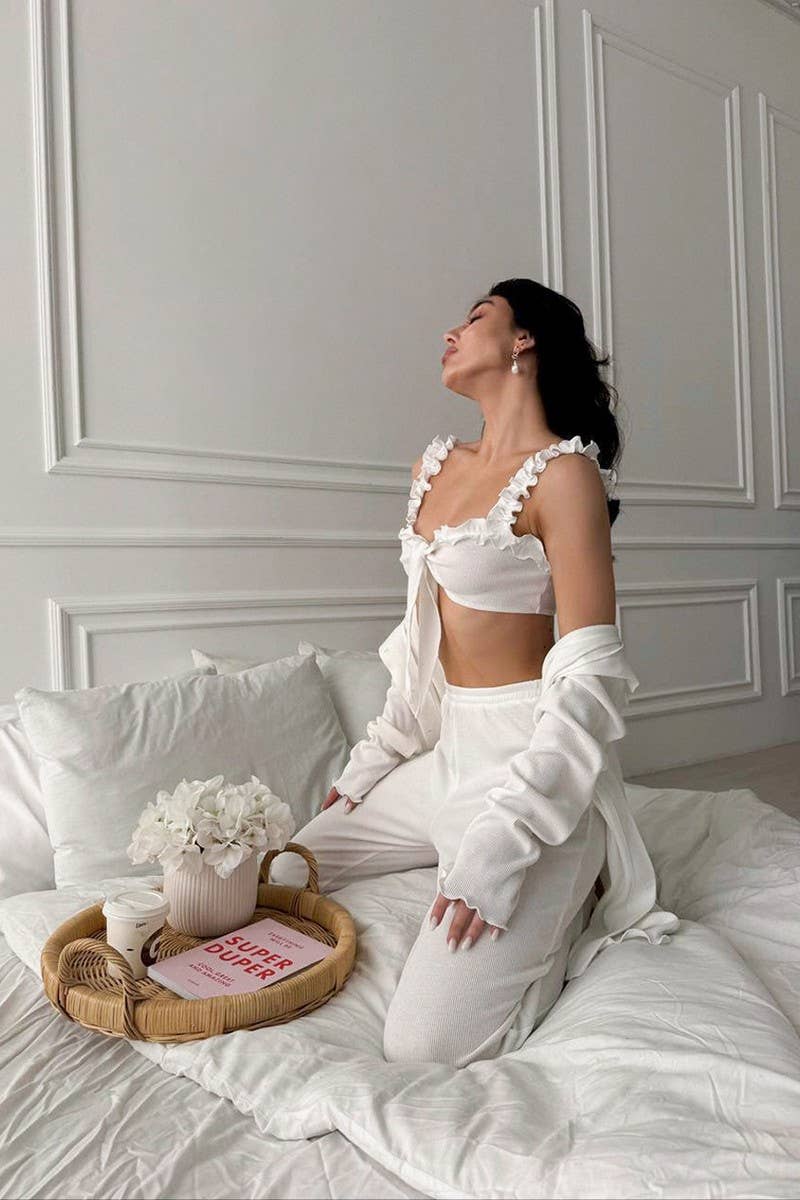 CWSPJ0355_KNITTED SOLID COLOR PAJAMAS THREE PIECE SET