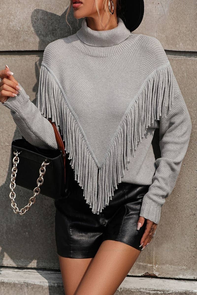CWOSWL604 Turtle neck Fringe Tassel Pullover Sweater