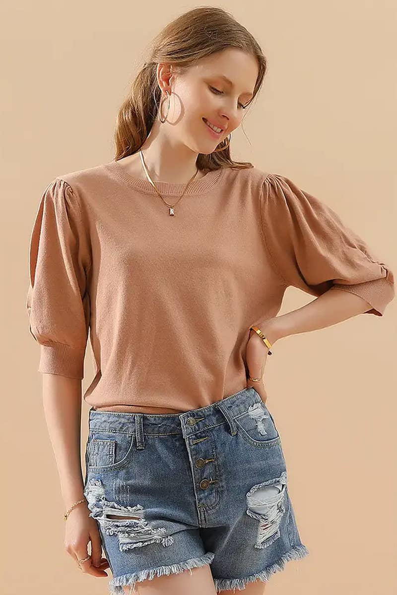 CWTTS1310_SPRING AND SUMMER ROUND NECK PLEATED SWEATER