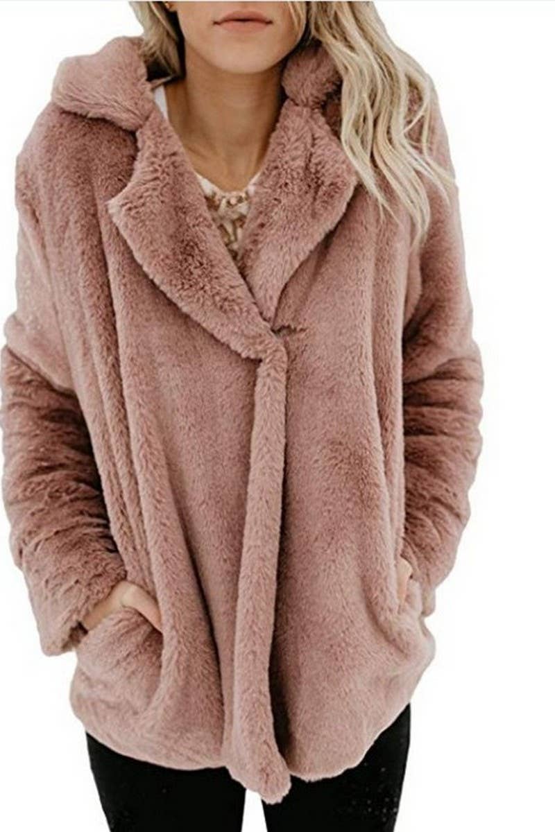 Cardigan suit collar pocket long sleeve plush coat