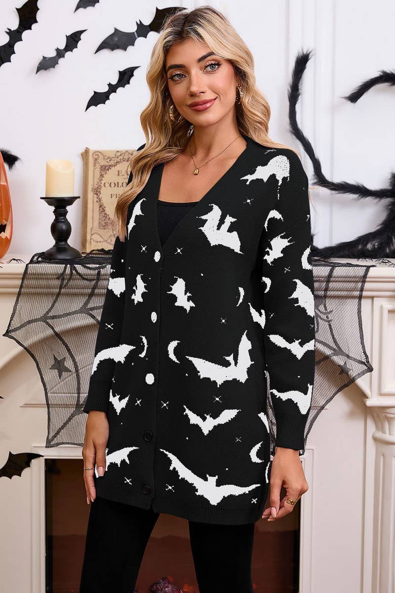 CWOCAL00697_HALLOWEEN BAT JACQUARD LONG SLEEVE CAPE CARDIGAN